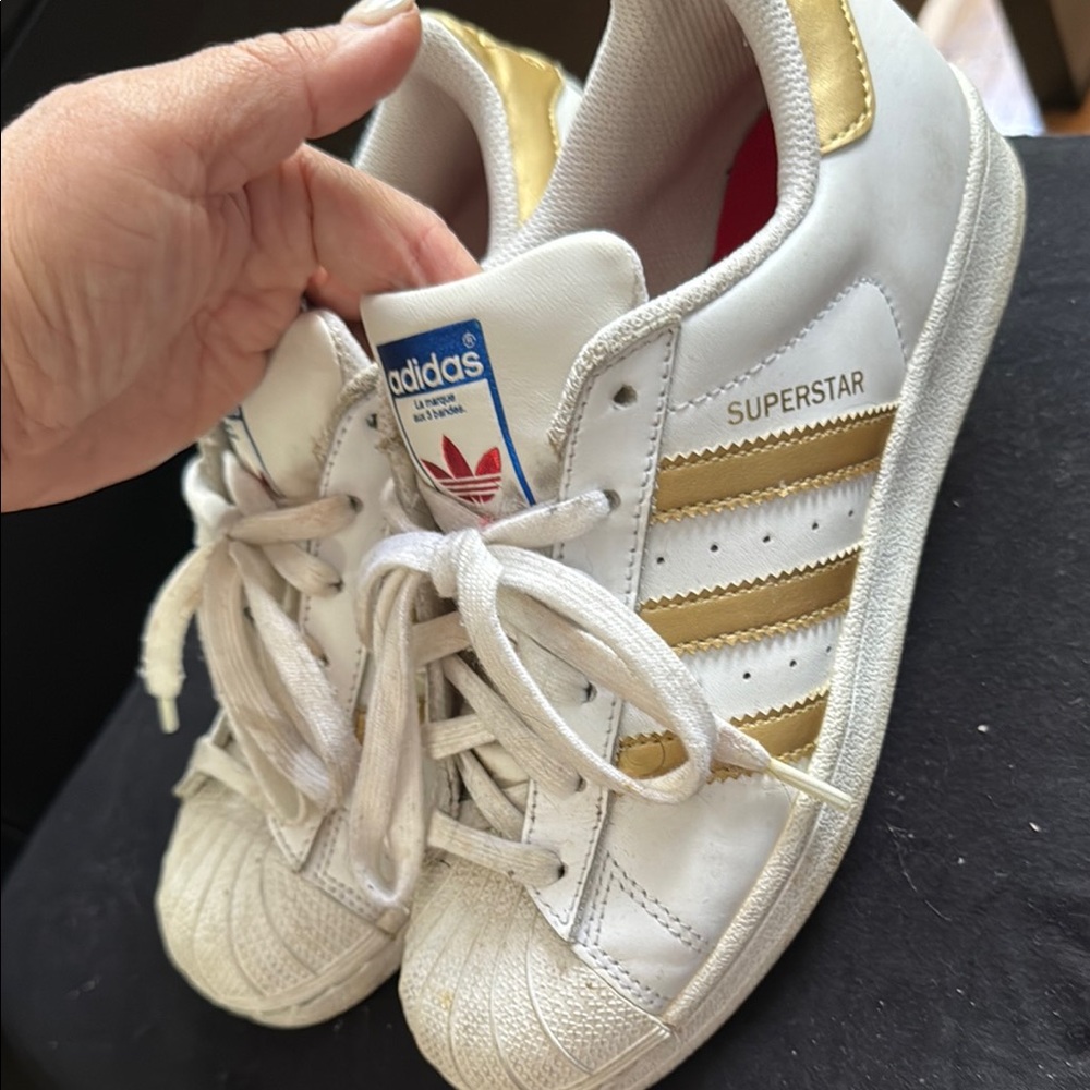 Adidas Kids Superstar Sneakers - White and Gold Stripes